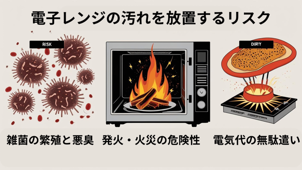 電子レンジの汚れを放置している時のリスクが描かれている画像