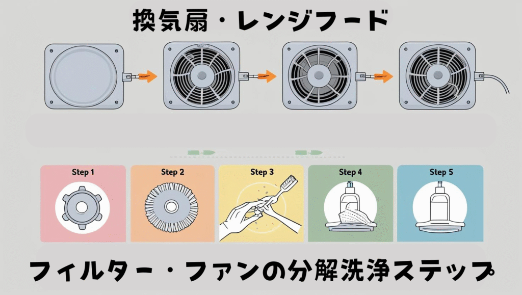 レンジフードの洗浄ステップが描かれている画像